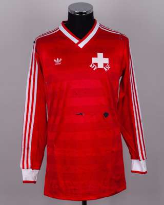 Eoin Hand - Jean Paul Brigger red and white No.16 Switzerland long-sleeved shirt, 1985