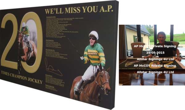 Horse Racing, Jump Racings greatest ever jockey, Sir AP McCoy signed retirement canvas,
 measuring 36 by 20 by 1.5in., with COA and photo proof