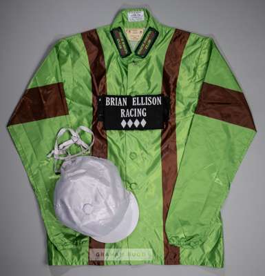 A set of 2012 Grand National race-worn racing silks,
 for Neptune Equester, at Aintree on 14th April, the lime green silks with brown seams bearing BR