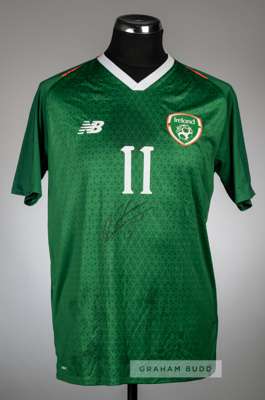 Ronan Curtis signed green Republic of Ireland no.11 home jersey, circa 2018,
 New Balance, short-sleeved with country emblem, sponsor logo, reverse nu