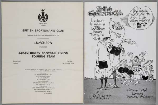 Japan rugby union tourists to the UK 1973 original British Sportsman’s Club menu and seating plan,
 for the celebration dinner to welcome the 1973 Jap