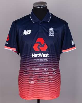 Blue and pink England v. South Africa Royal London ODI Series 2017 autographed cricket shirt