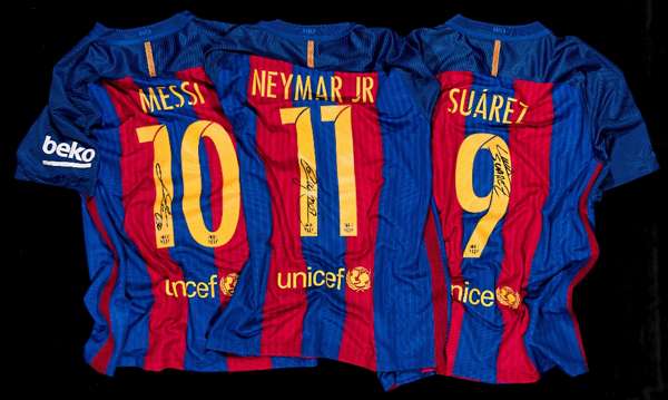 Trio of Barcelona replica home jerseys signed by Leo Messi, Luis Suarez & Neymar, all signed to the reverse numbers in black marker pen