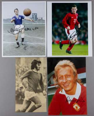 Signed photographs of British football legends,
 including George Best, Denis Law, Bobby Charlton (2), Wayne Rooney, Jimmy Greaves, Jack Charlton, Gar