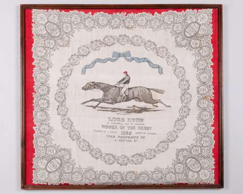 An early example of a ladies silk scarf commemorating the winner of the Epsom Derby in 1866