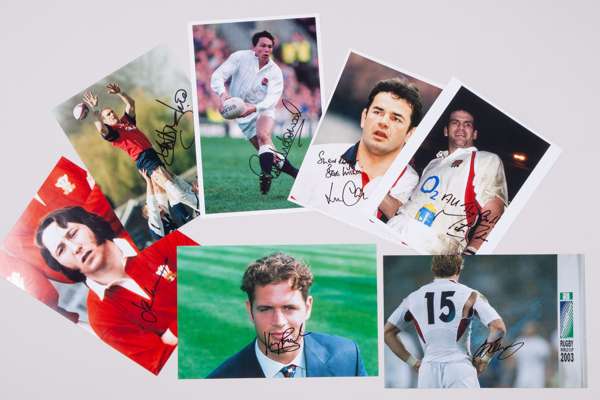 A collection of twenty-six Rugby Union related autographs on card and seven photographs