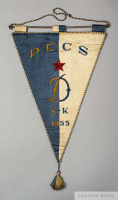 Official blue and white Pécsi Dózsa SK match pennant
 of triangular design, inscribed PECS, D, S.K, 1955, hanging bar and tassels to edge  

 PROVENAN