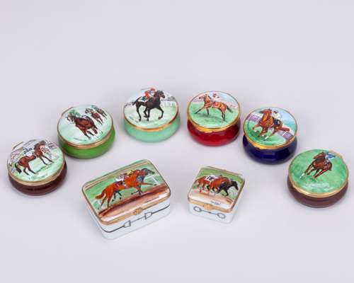 Group of eight enamel boxes featuring racehorses