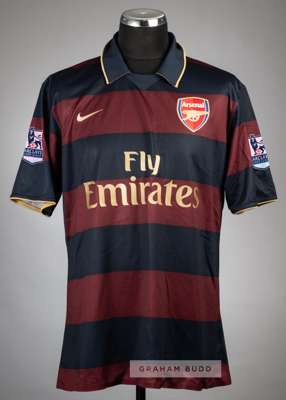 Johan Djourou claret and navy hooped Arsenal no.20 third choice jersey, season 2007-08,
 Nike, short-sleeved with BARCLAYS PREMIER LEAGUE sleeve badge