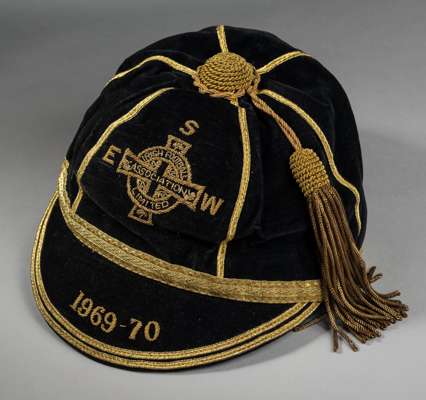 George Best blue Northern Ireland v. Scotland, England and Wales International Cap, 1969-70
 the blue velvet cap with gilt tassel and gold-coloured br