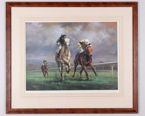 Graham Isom (British, b.1945) limited edition print of Desert Orchid signed by Simon Sherwood