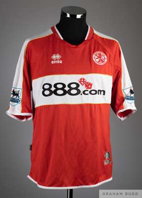 Jonathan Woodgate signed red and white No.8 Middlesbrough shirt, 
 Errea, L, short-sleeved with Barclays Premiership flashes, crew neck collar and emb
