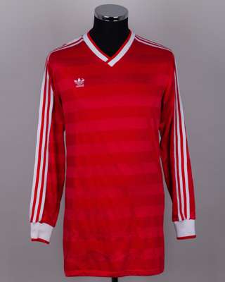 John Byrne - Ayan Sadakov red and white No.8 Bulgaria long-sleeved shirt, 1987