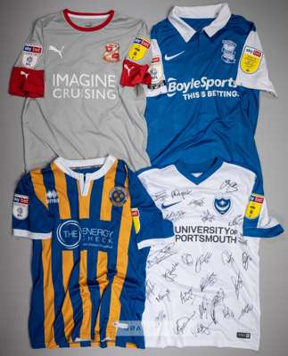 Four EFL players' jerseys,
 comprising a Joe Mason squad signed white Portsmouth no.14 away jersey, season 2018-19, short-sleeved with SKYBET WHEN THE