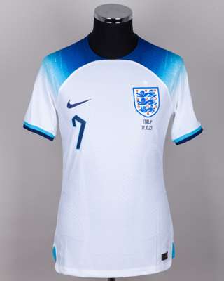 Phil Foden white and blue No.7 England v. Italy short-sleeved shirt, 2023