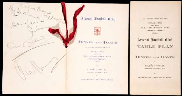 Autographed Arsenal 1952 F.A. Cup Final Dinner and Dance Menu, five autographs to the back cover including Joe Mercer, Denis Compton and Arsenal's 192
