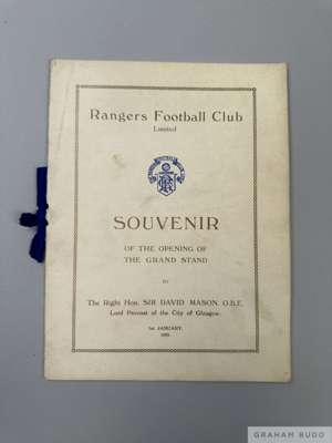 Rangers FC 1929 VIP souvenir of the opening of the Grand Stand on 1st January 1929 by Sir David Mason, 
 with blue ribbon spine, it also incorporates 