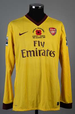 Tomas Rosicky yellow and maroon No.7 Arsenal v. Everton match worn long-sleeved jersey, 2010-11, 
 Nike, L, with v-neck collar and embroidered cloth b