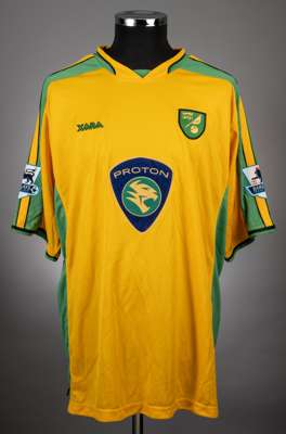 Jim Brennan yellow and green No.11 Norwich City short-sleeved jersey, 2003-05, 
 Xara, XL, with v-neck collar and embroidered cloth badge, the reverse