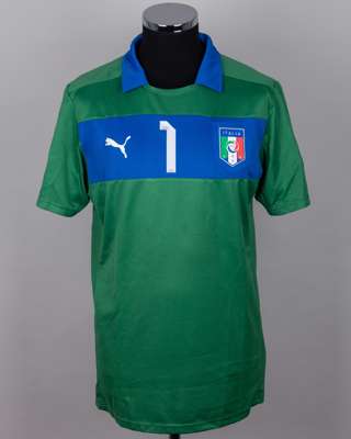 Gianluigi Buffon green and blue No.1 Italy v. England match worn short-sleeved shirt, 2012