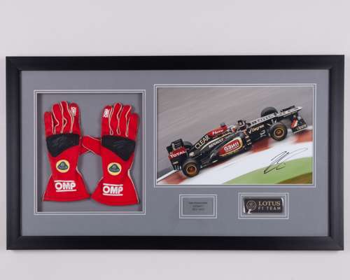 Kimi Raikkonen Signed Lotus F1 Team Race Used Gloves Framed With Signed Photo