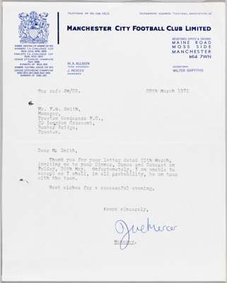 Joe Mercer Manchester City manager 1972 original one-page autograph letter on Manchester City embossed letterhead,
 dated 28th March 1972 to Mr F.G. S