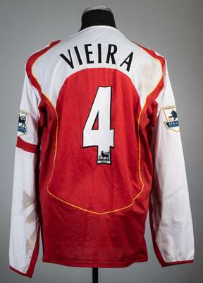 Patrick Vieira red Arsenal no.4 home jersey worn v Manchester United at Highbury, 1st February 2005, the match remembered for the famous tunnel incide