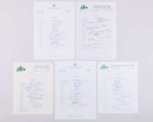 Five Australia touring cricket team autographed team sheets