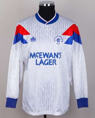 Paul Rideout white, red and blue No.14 Rangers long-sleeved shirt, 1991-92