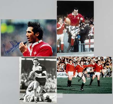 Signed photographs of British rugby union stars, 
 including Phil Bennett, JPR Williams, Gavin Henson, Mike Gibson, Jonathan Sexton, Bill Beaumount, W
