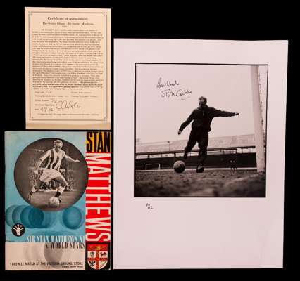 A Stanley Matthews signed limited edition b&w photographic print,  16 by 12in. published by Popperfoto and printed from the original negative, numbere