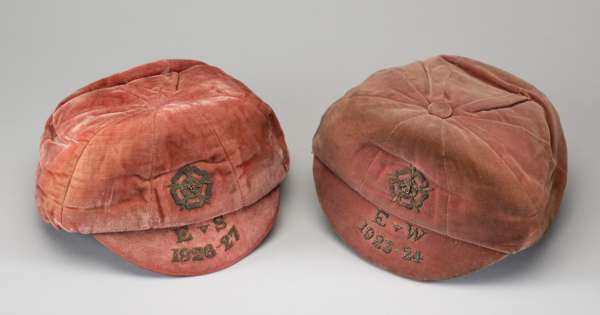 Two 1920s England amateur international caps awarded to Frank Twine of Middlesbrough FC,
 rose coloured, the first for the match v Wales in 1923-24, t
