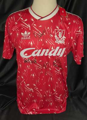 Rare Liverpool Candy sponsored 1989-91 jersey (official club merchandise) signed by four Legends, John Barnes, Ian Rush, Kenny Dalglish and Peter Bear