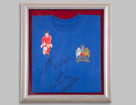 Blue Manchester United autographed Wembley 1968 shirt display