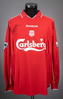Emile Heskey red No.8 Liverpool long-sleeved jersey, 2001-02, 
 Reebok, 46/48", with v-neck collar and embroidered cloth badge YOU'LL NEVER WALK ALONE