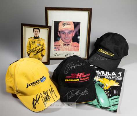 Signed Formula 1 memorabilia,
 comprising black Jordan Honda DHL cap signed in silver marker pen by Giancarlo Fisichella and Takuma Sato; a black Jord