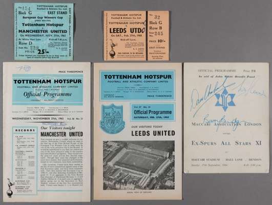 A collection of 106 Tottenham Hotspur home and away programmes and 51 tickets from seasons 1963-64 to 1965-66,
 the lot including Maccabi v Ex Spurs i