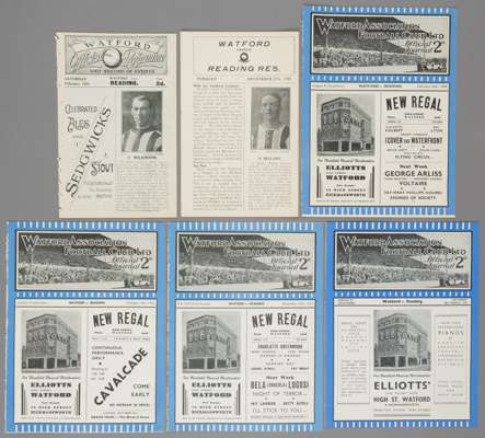 Six Watford v Reading programmes,

Southern F.L. Division One 12th February 1920 (ex-binder, covers removed), 27th December 1921 (reserves, London Com
