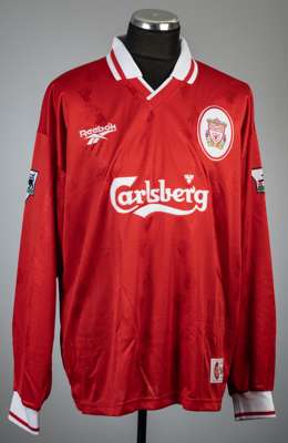 Steve McManaman red Liverpool no.7 home jersey, season 1996-97,
 Reebok, long-sleeved with THE FA PREMIER LEAGUE sleeve badges, club crest and sponsor