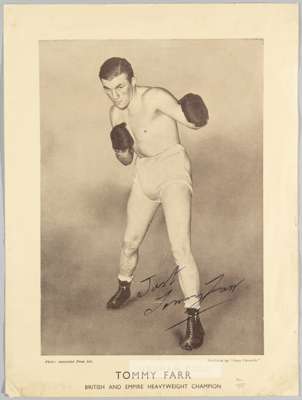 Tommy Farr 1937 British & Empire heavyweight boxing champion autographed picture,
 GOOD ORIGINAL SEPIA FULL PAGE (SIZE 11 ½” x 8 ½”) NEWS CHRONICLE IN