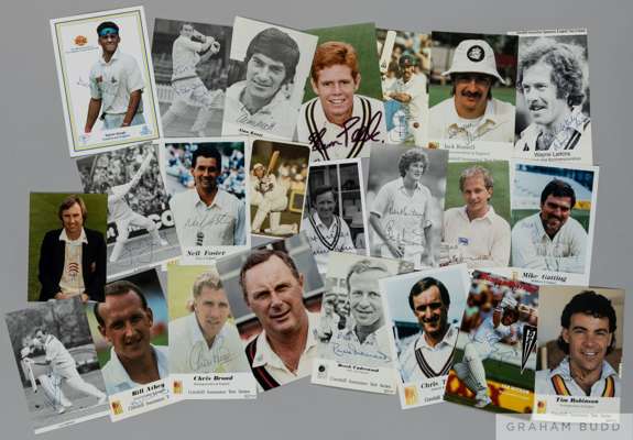 Fifty-eight cricket related signed cards, 
 including Alec Bedser, John Reid, Richard Hadlee, Kapil Dev, Alan Border Richie Benaud, Mike Atherton, Bob