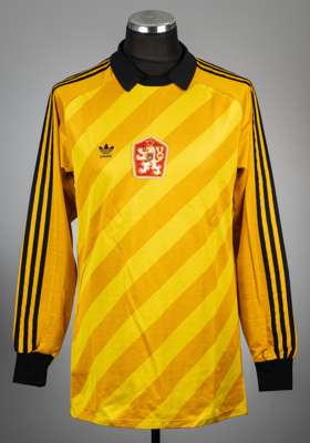 Ludek Miklosko yellow and orange Czechoslovakia no.22 goalkeeper's jersey, circa 1980s,
 Adidas, long-sleeved with padded elbows, embroidered country 