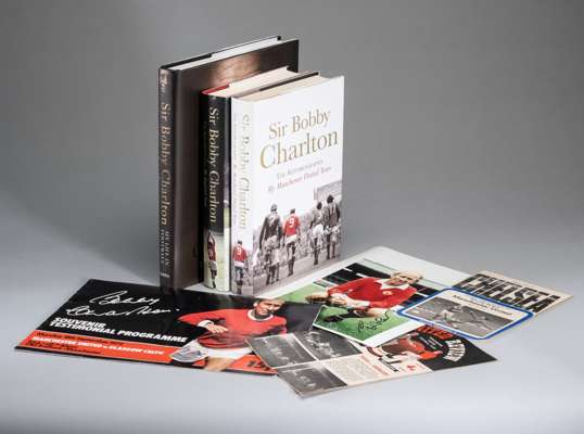 Collection of memorabilia relating to Sir Bobby Charlton,
 three autographed books "The Autobiography My Manchester United Years", "My England Years" 