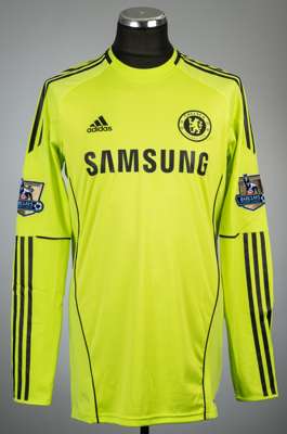 Peter Cech lime green Chelsea no.1 goalkeeper's jersey, season 2010-11, 
 Adidas, long-sleeved with BARCLAYS PREMIER LEAGUE 09/10 CHAMPIONS gold sleev