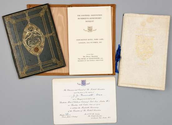 Various menus relating to the Football Association,
 superb menu in hard backed presentation binder for Football Association dinner held on 6th Decemb