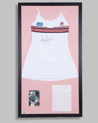 Jennifer Capriati white Wimbledon autographed tennis dress display, 2001