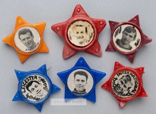Six rare celluloid star-shaped badges featuring players from the England 1966 World Cup winning squad,
 bearing central printed photographic portraits