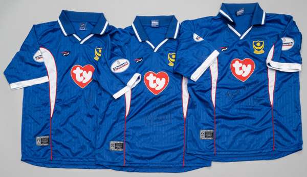 A collection of nine player-signed Portsmouth FC blue home match jerseys from season 2002-03,
 comprising Nigel Quashie no. 11 jersey, Pompey Sport, s