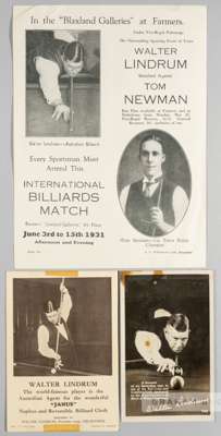 BILLIARDS - Walter Lindrum signed, inscribed and dedicated postcard,
 plus two items of Billiards matches advertising ephemera, one for a match agains