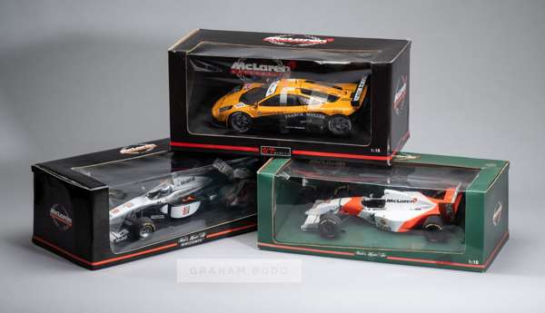 Collection of twenty McLaren Minichamps and UT 1:18 scale model cars
 MP4/14 530991801 - MP4-18 Test car 530031899 - 39622 3787539622 McLaren F1 GTR 1